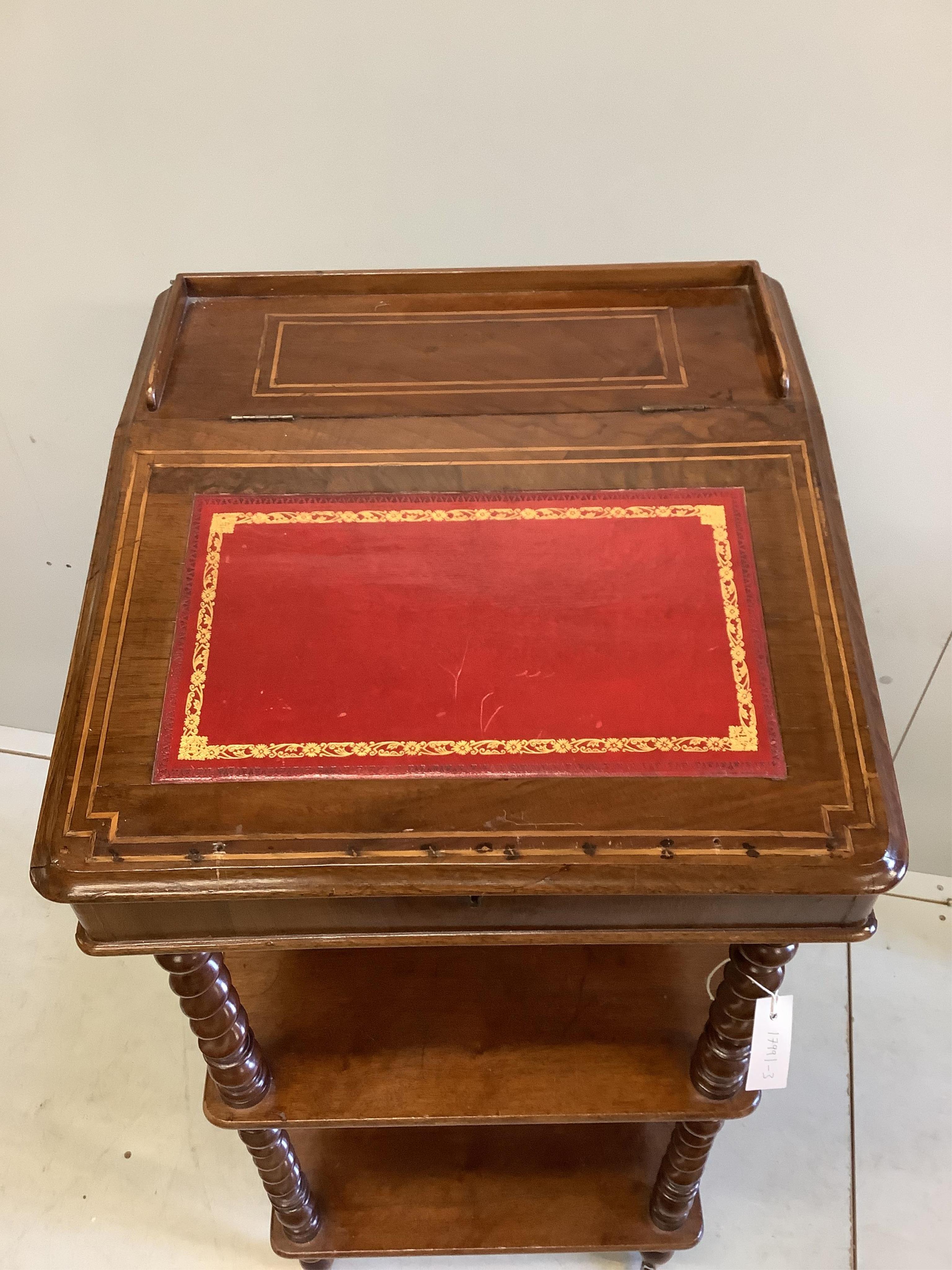 A Victorian walnut three tier bureau / whatnot, width 52cm, depth 53cm, height 113cm. Condition - fair
